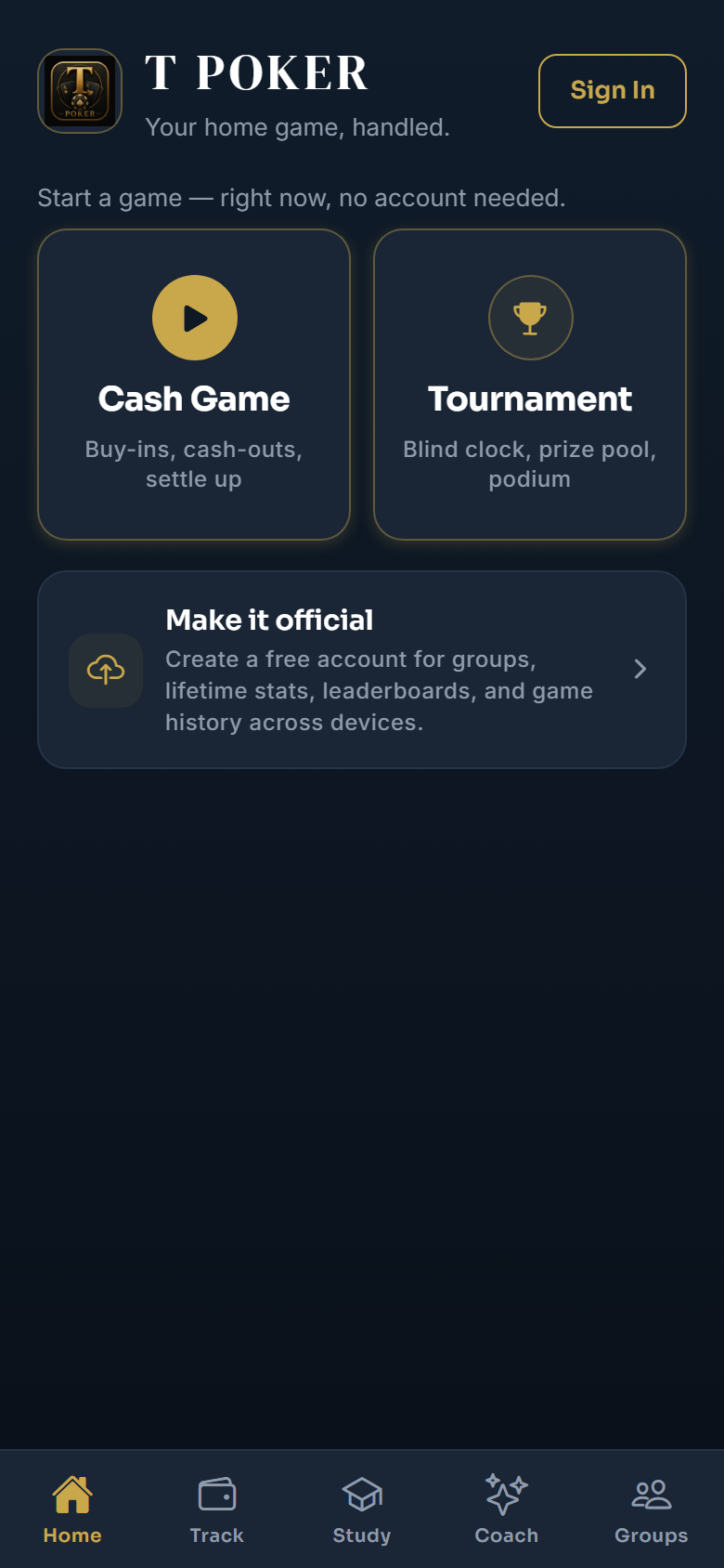 T Poker guest home — Cash Game and Tournament entry cards