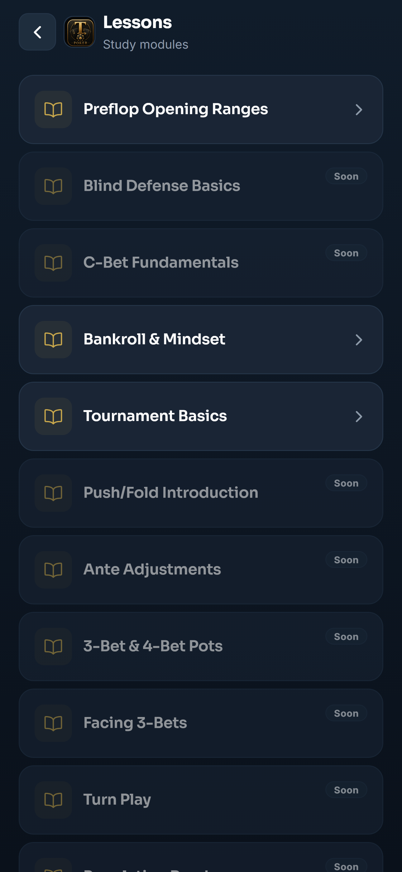 T Poker lesson library — a list of strategy courses to work through