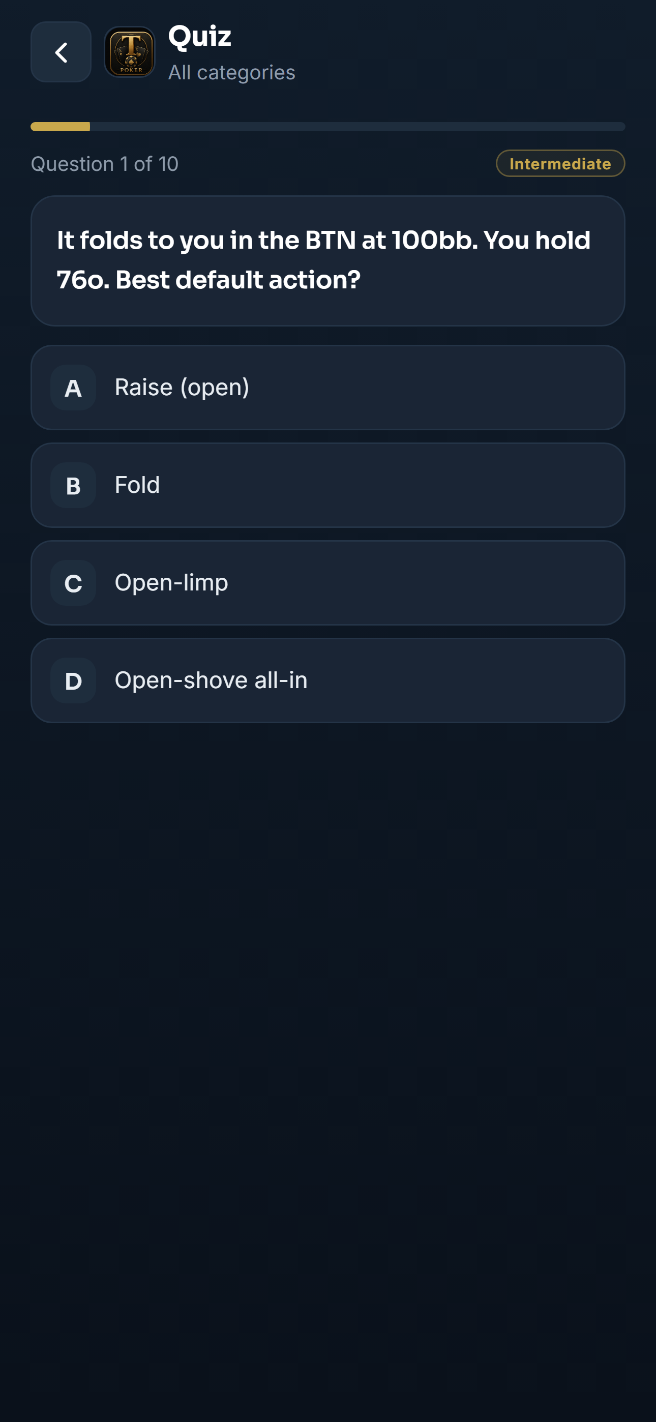 T Poker daily quiz — a multiple-choice strategy question with four lettered answers, showing progress through today's ten
