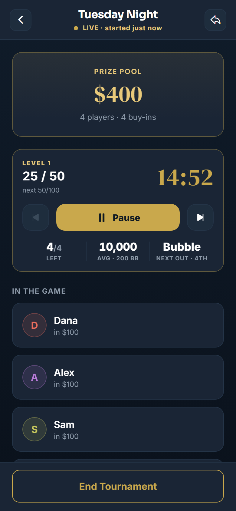 T Poker live tournament dashboard with prize pool, blinds, and countdown clock