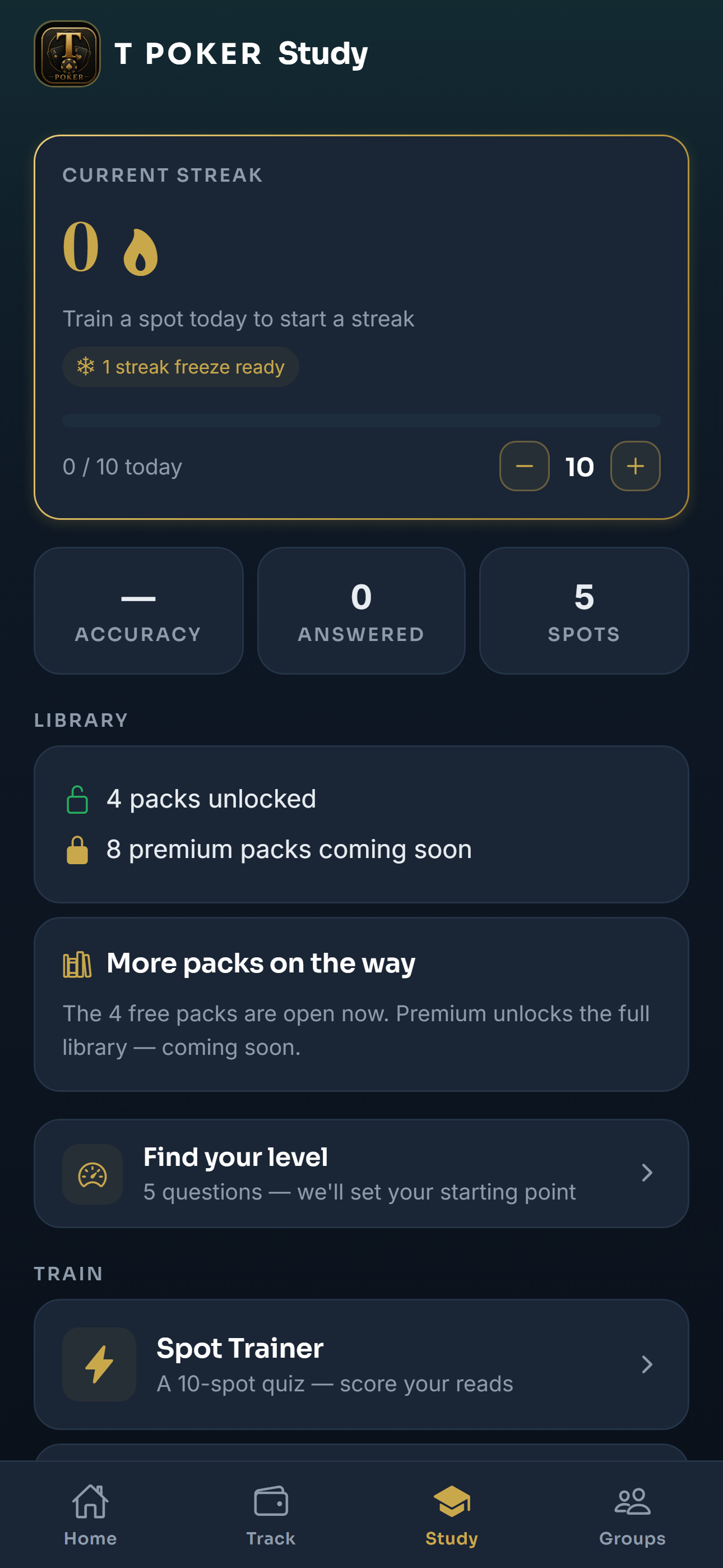 T Poker study home — current streak, accuracy, questions answered, and the pack library