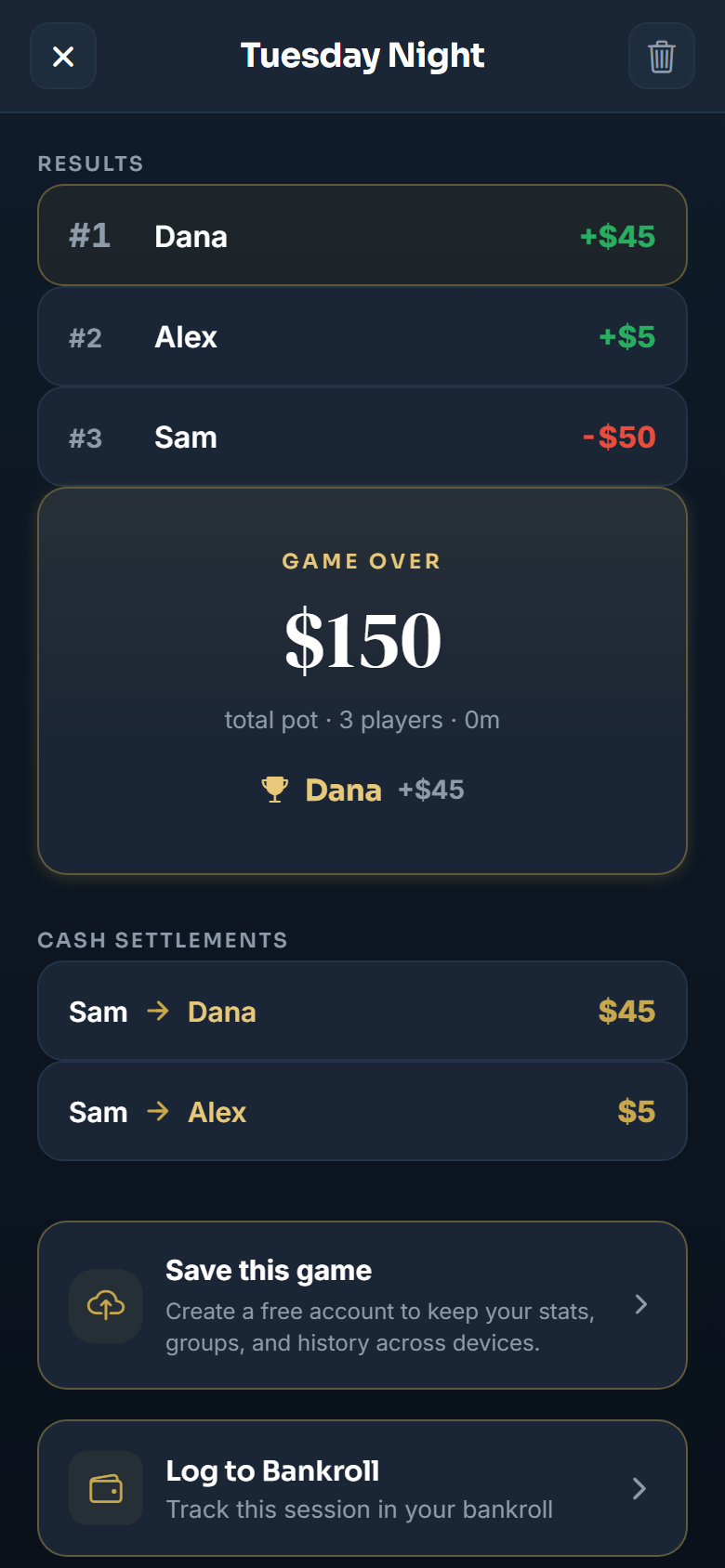 T Poker cash game results — player settlements and net profit/loss breakdown