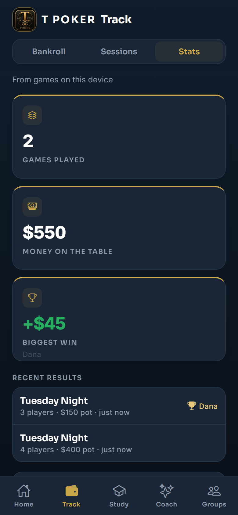T Poker bankroll and stats tracking — games played, biggest win, and recent results